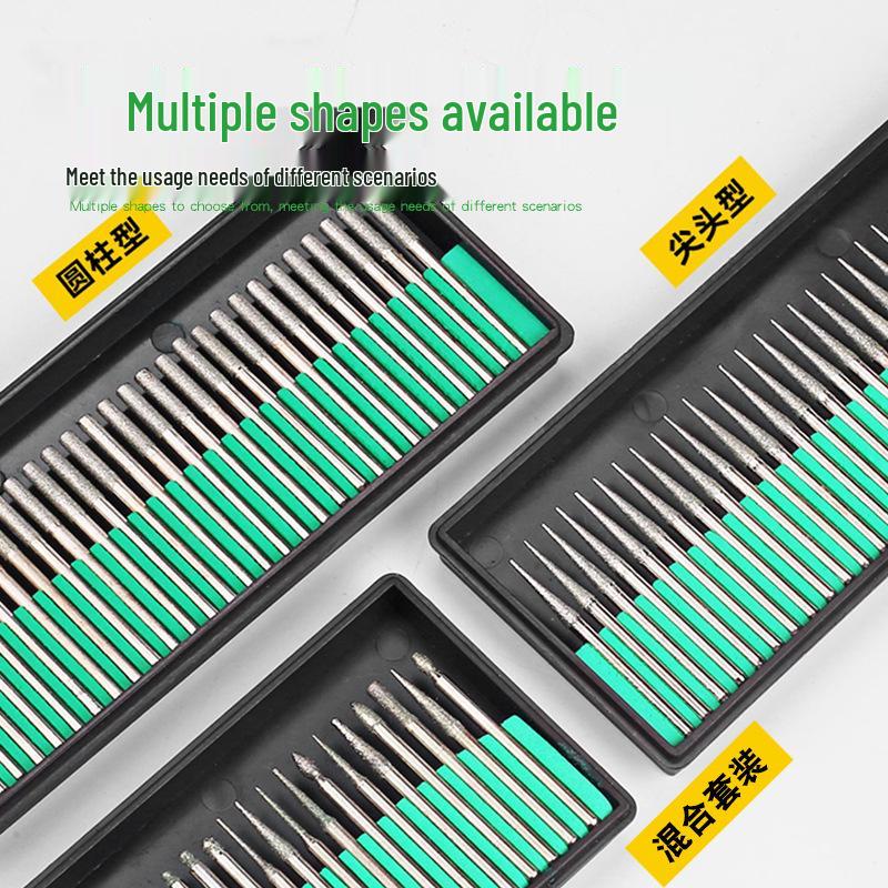 Diamond Grinding Head Set, 3mm Green Box: Cylindrical Alloy Grinding & Pneumatic Needle Heads