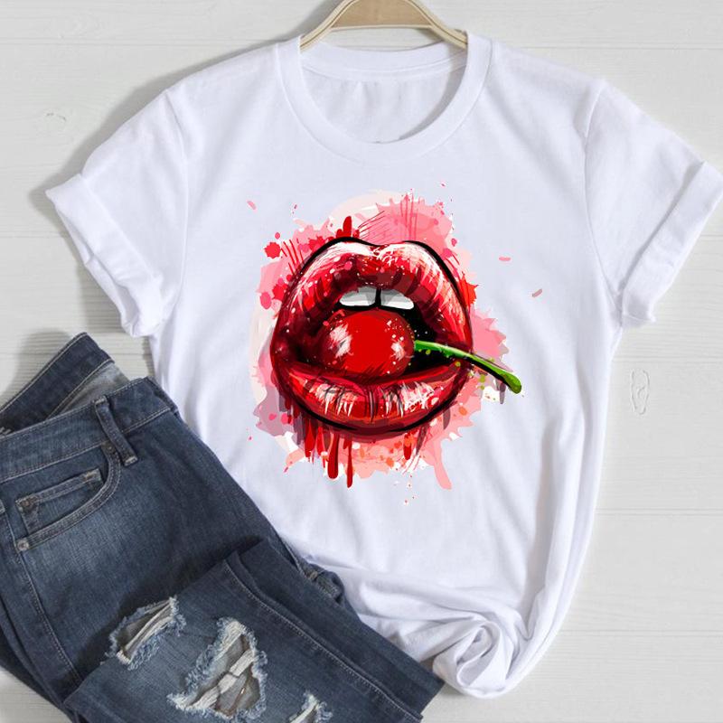 Sommar Dammode Tryckta Läppar Ren Bomull Rund Hals Lös T-shirt Dam