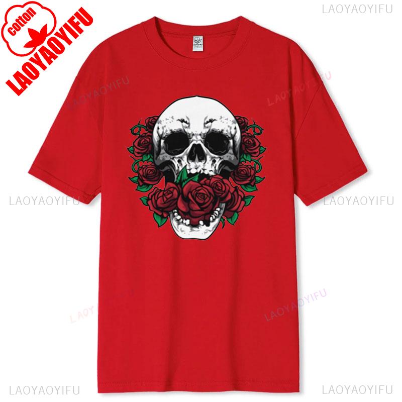 Skull and Red Roses Skeleton Gothic Hipster Novelty ShortSleeve Unisex TShirt Skeleton and Flower Pattern Cotton Casual Shirt