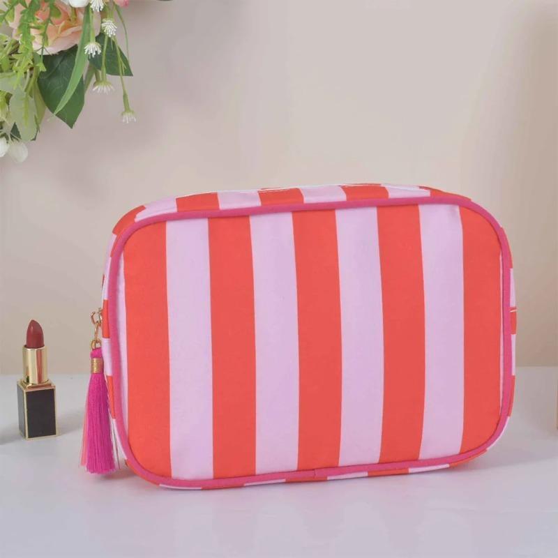 Large Striped Wash Cosmetic Bag for Women Tassel Zipper Makeup Bag Large Capacity Toiletry Storage Organizer Pouch Bags