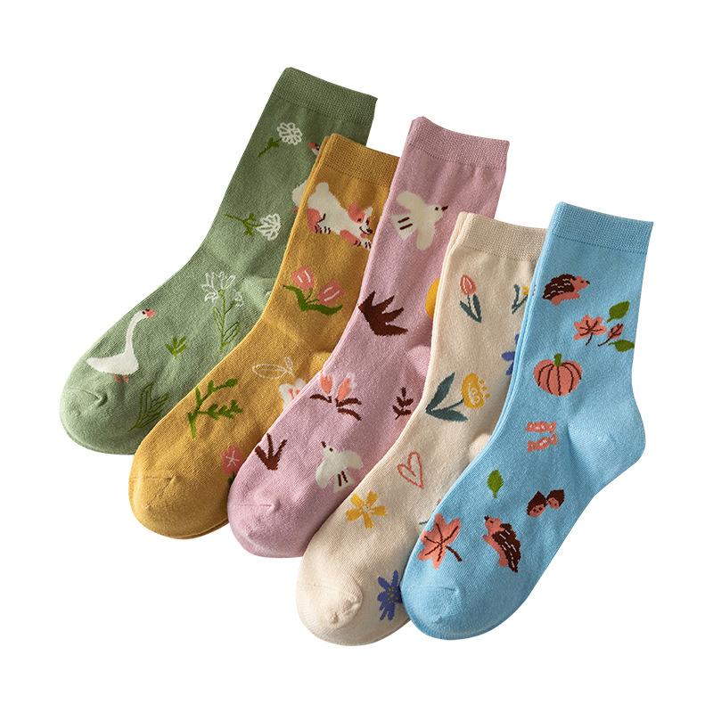5 Pares de Calcetines de Tubo Medio Absorbentes de Color de Moda para Mujer