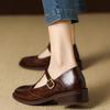 Fashion British Style T-strap Mid Heels Loafers Carving Leather Women's Shoes 2025 High Quality Round Toe Comfortable Soft Ladies Shoes