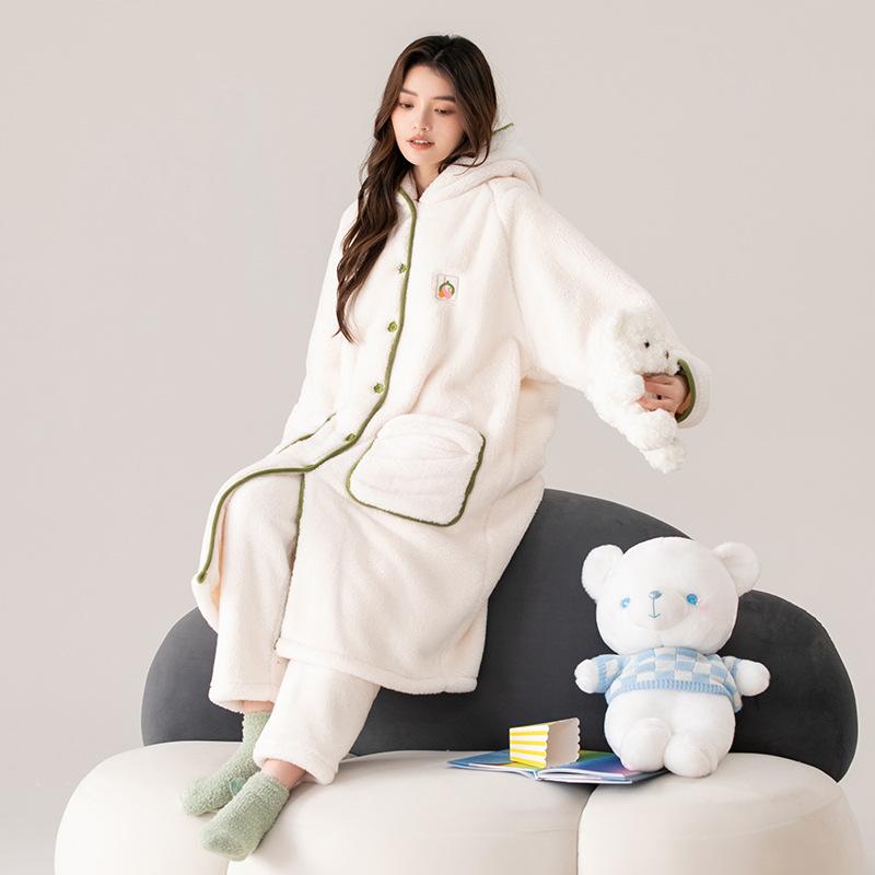 Women's Cute Hooded Coral Fleece Pajama Set - Flannel Long Robe for Autumn/Winter