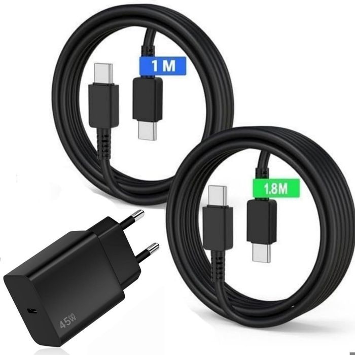 Chargeur Rapide USB-C 45W - e.F.Connection - pour Samsung S25 FE/S25 Ultra/S25 Plus/FE - 1m et 1.8m - Noir