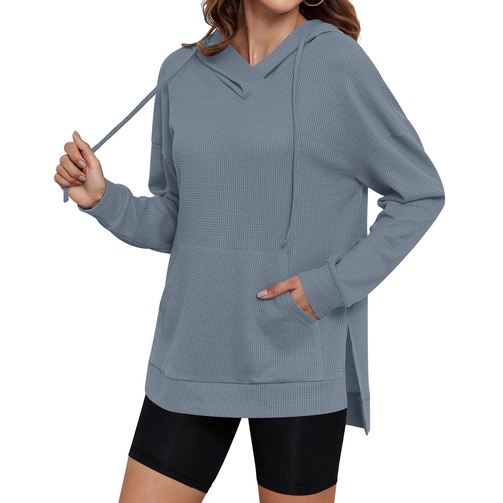 

Women s Fashion Oversized V-Neck Long-Sleeve Hoodie With Side Slits In Solid Color S