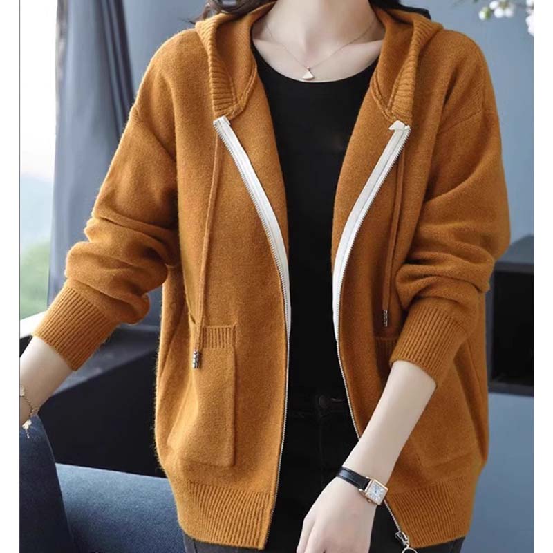 Cárdigan de Punto de Lana con Capucha de Color Sólido Otoño Mujeres Suéter de Manga Larga Holgado Cremallera Prendas de Punto Abrigo