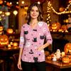 Women's Halloween Print V-Neck Uniform Top with Pockets and Side Slits, Three-Quarter Sleeve Casual Scrub