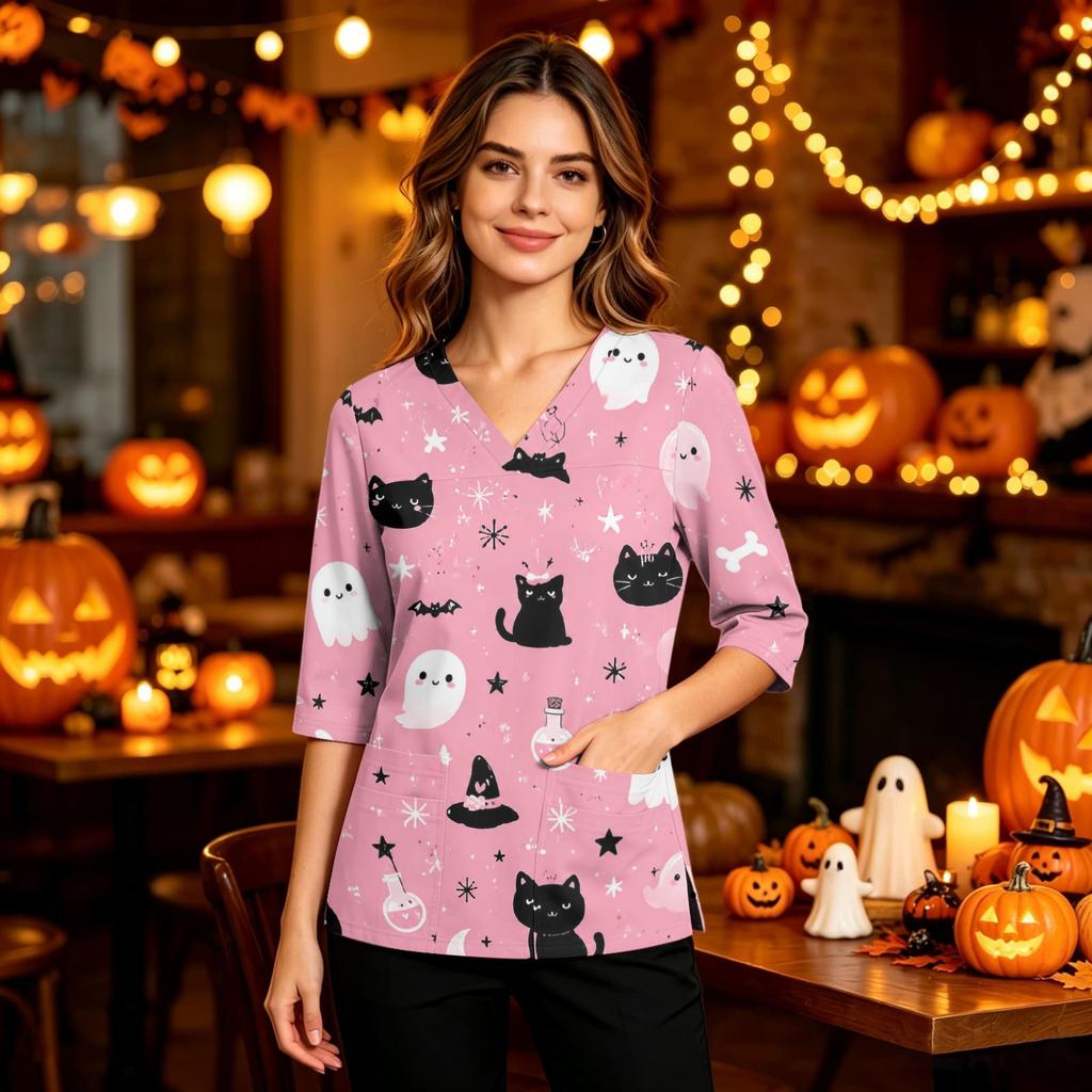 Women's Halloween Print V-Neck Uniform Top with Pockets and Side Slits, Three-Quarter Sleeve Casual Scrub