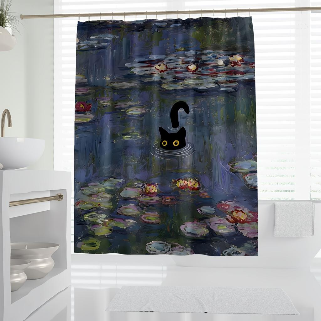 1Pc Shower Curtain - Artistic Water Lilies With A Playful Black Cat Design Waterproof