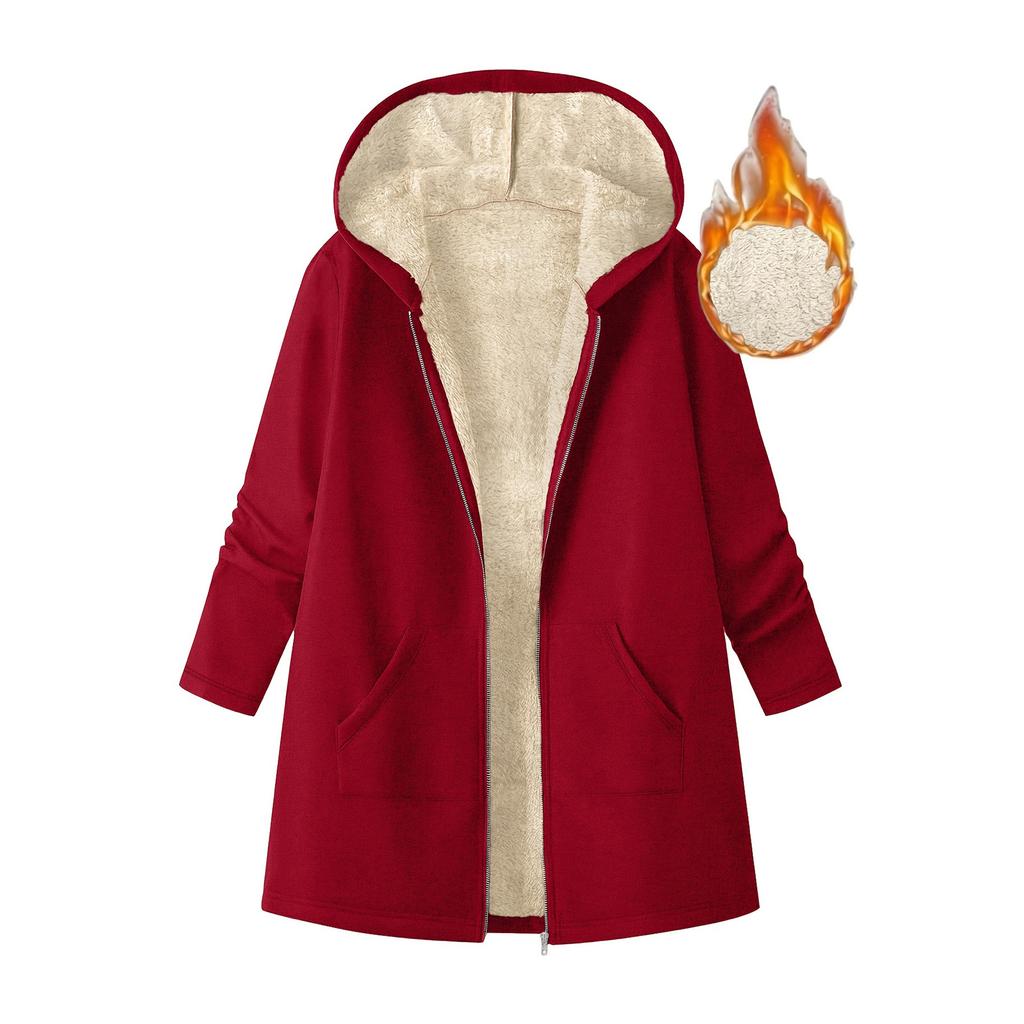 Women's Fashion Casual Solid Color Mid-Length Hooded Jacket Solid Color Plush Jacket