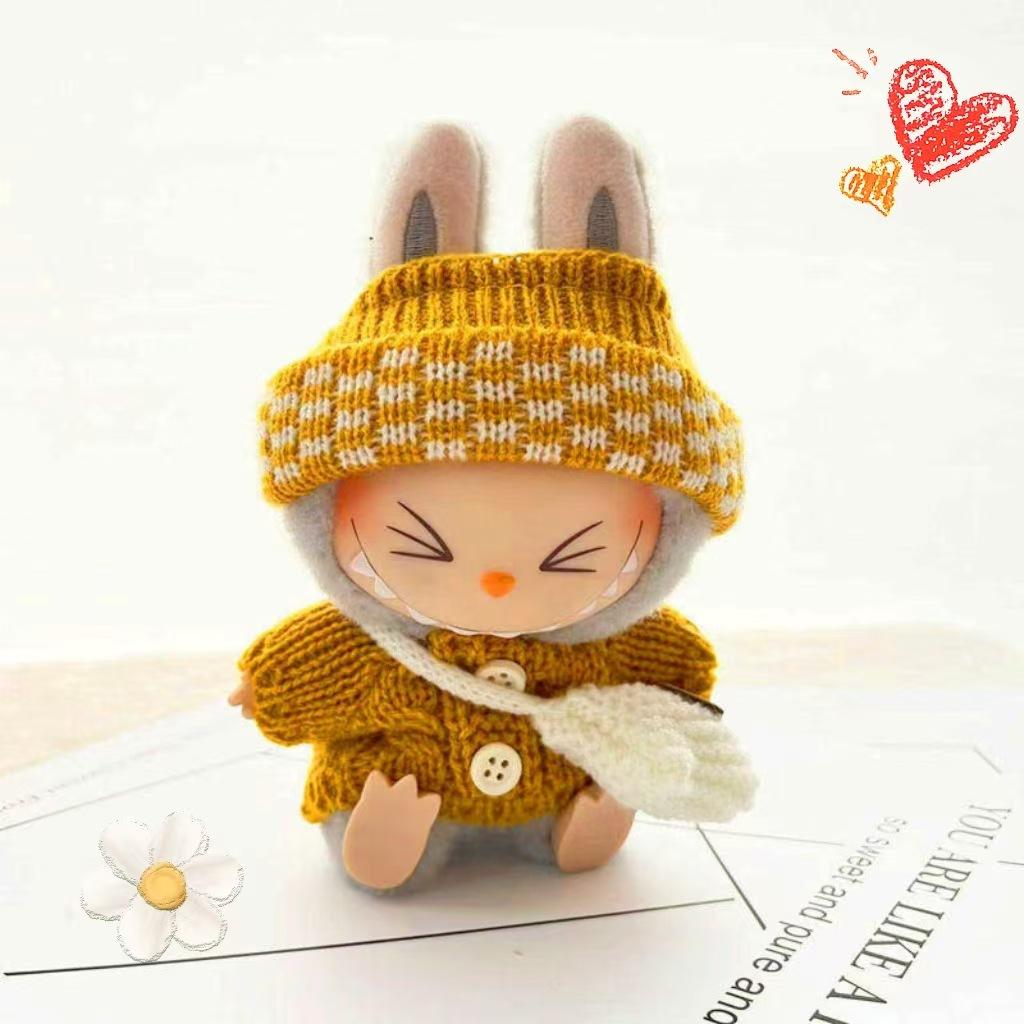 15-17cm Labubu Clothes Outfit Set for V1 V2 Cute Sitting Party Doll Sweater Hat Bag Accessories for Mini Plush Dolls Decoration