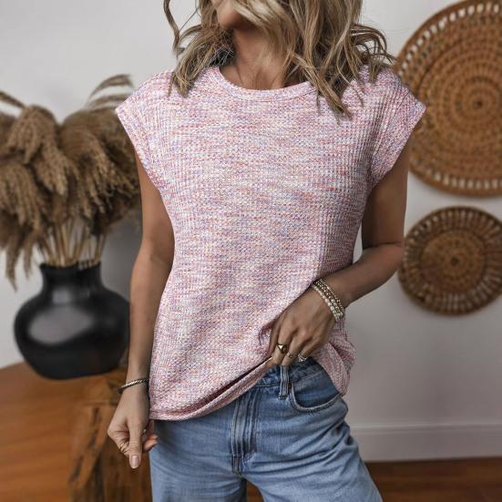 Women Tops Round Neck Short Sleeves Waffle Texture T-shirt Pure Color Loose Fit Knitted