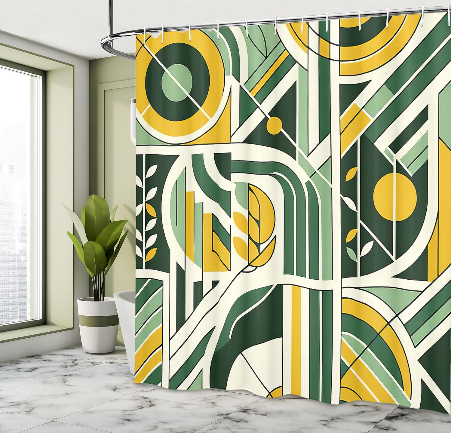 

Green Shower Curtain, Mid Century Modern Boho Inspired Geometric Roundy Shapes and Lines Leaves, Cloth Fabric Bathroom 90x180cm