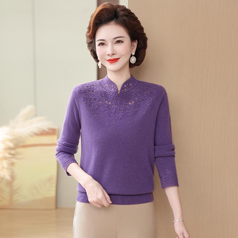 Stylish Embroidered Wool Cardigan Sweater for Middle-Aged Women - Plus Size, Solid Color, Autumn/Winter Top