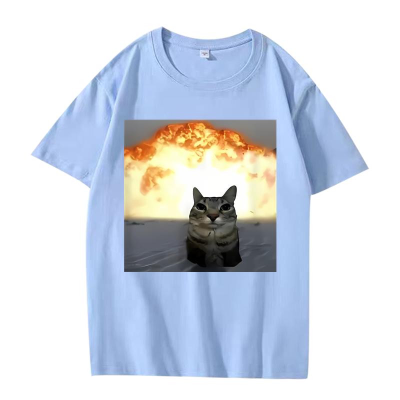 Whimsical Cat Explosion Graphic T Shirt Men Women Oversized 100% Cotton Funny Hot Sale Short Sleeve Summer Print Unisex Tops
