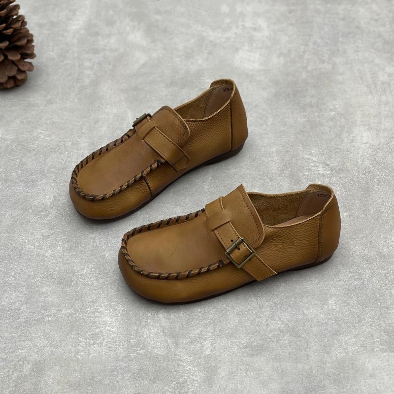Johnature Handmade Genuine Leather Loafers Round Toe Soft Sole Casual Women's Flat Shoes