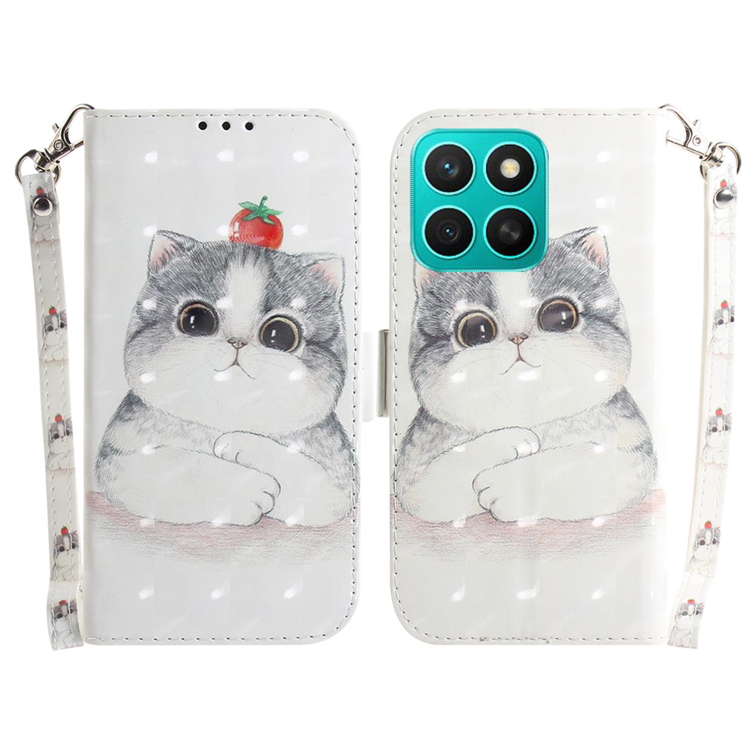 

For Honor X8c 4G Case Pattern Printing Leather Wallet Phone Cover with Wrist Strap Cute Cat