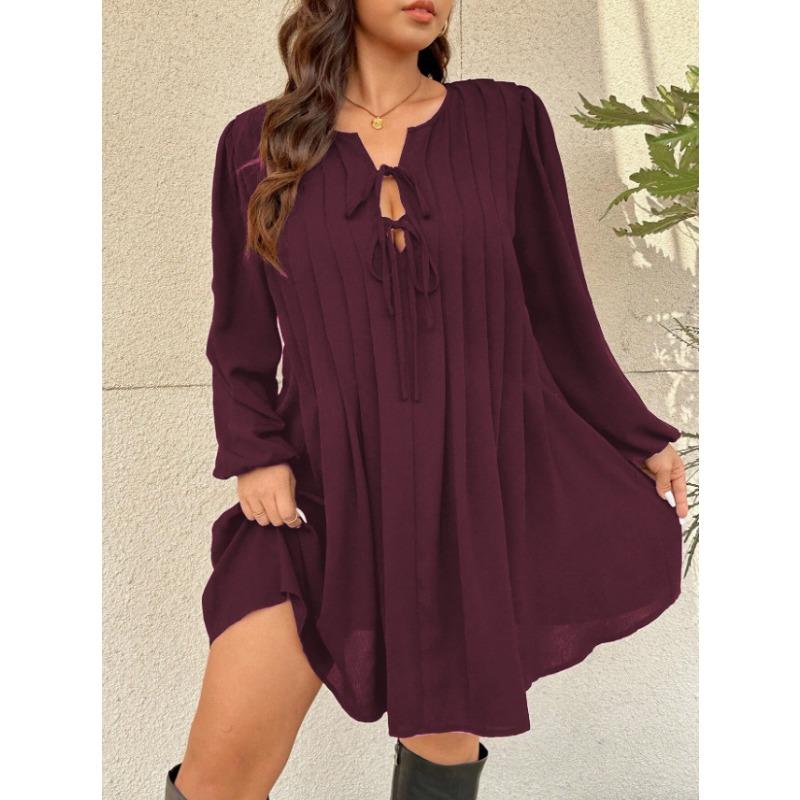 Loose Plus Size Solid V Neck Long Sleeve Casual Dress