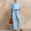 Yousheng Women's Casual 2 Piece Lounge Sets Puff Half Sleeve V Neck Top And Wide Leg Pants Travel Vacation Outfits with