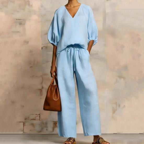 Yousheng Women's Casual 2 Piece Lounge Sets Puff Half Sleeve V Neck Top And Wide Leg Pants Travel Vacation Outfits with