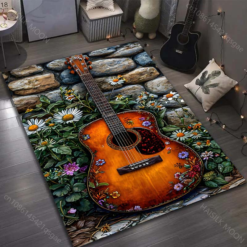 Daisies and Guitar Pattern Carpet for Bedroom Living Room Bedside Sofa Floor Mat Modern Home Decor Area Rug for Gifts