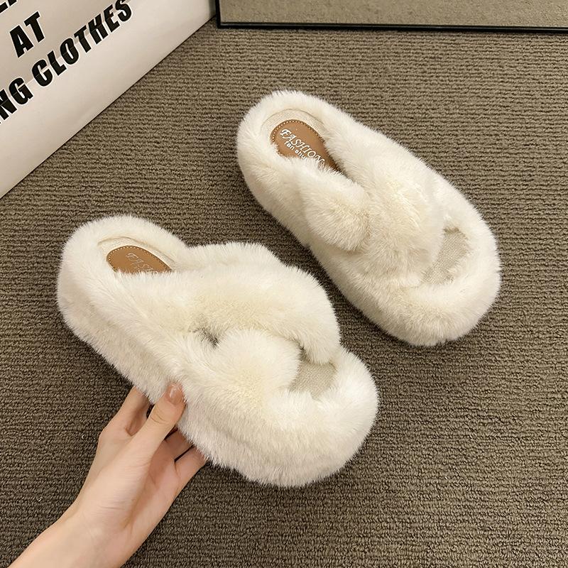 6Cm Thick-bottomed Crossed Fluffy Slippers Women's 2025 Autumn and Winter New Korean Version Fashionable Versatile Warm Plush Cotton Mop