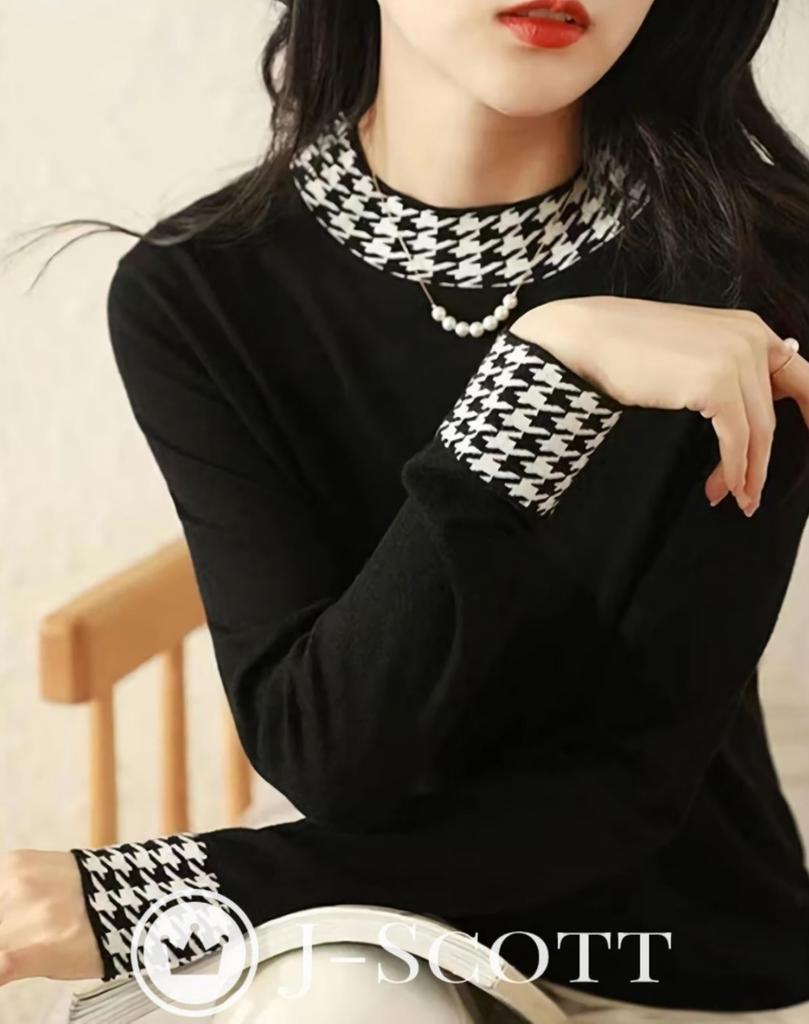 J-Scott Knit Top, Houndstooth Pattern, Mock Neck, Slim Fit, Monochrome, 1/4 Sleeves, Simple Black, JS104-BK-M (Limited Stock)
