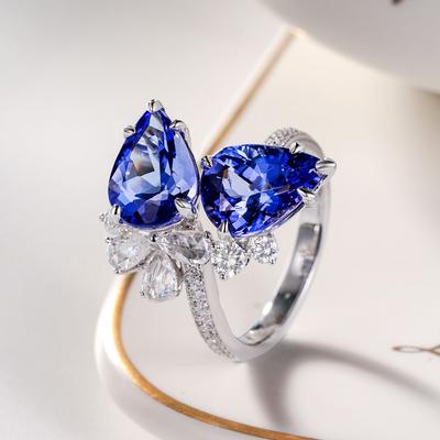Temperament Online Double Diamond Tanzanian Blue Water Drop Pear-Shaped Ring, Simulated Sapphire Colored Treasure Open Ring For Women