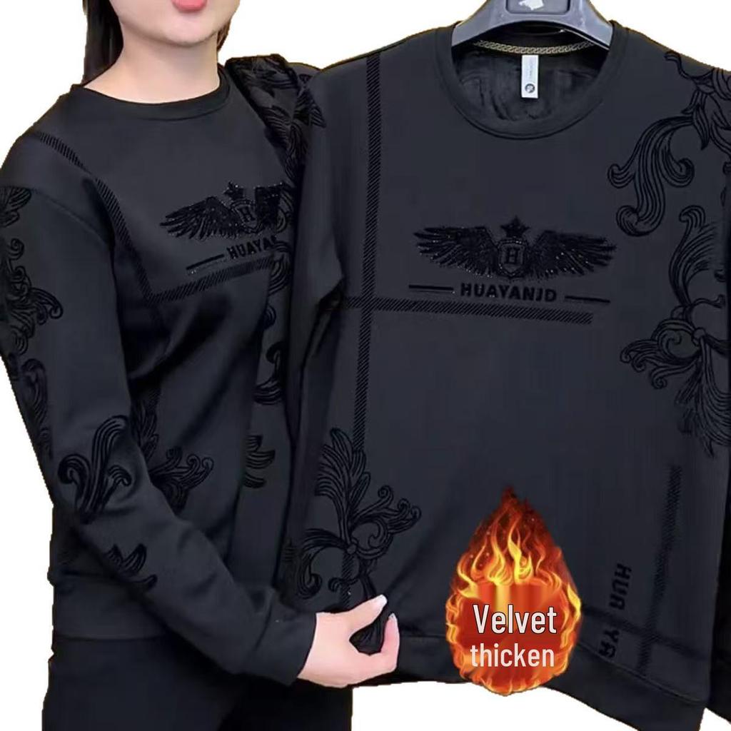 Men's Fleece-Lined Rhinestone Sweatshirt: Trendy, Warm, Long-Sleeve, Plus-Size, Round Neck for Autumn and Winter.