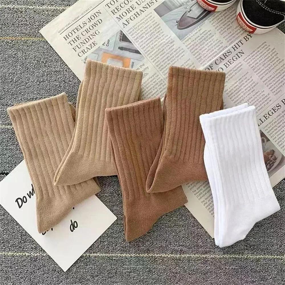 5 Pairs Mid Tube Polyester Cotton Women Socks Pack Set Japanese Fashion Solid Color Girls Vertical Stripes Socks