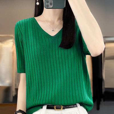 Damen Strick-T-Shirt Sommer-Strickshirt Kurzarm-T-Shirt V-Ausschnitt Strickpullover Strickoberteile