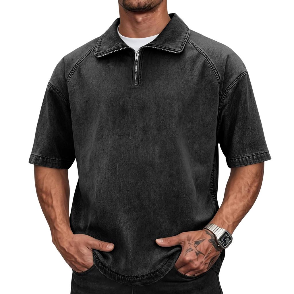 Men's Casual American Style Washed Cotton Vintage Short Sleeve Fitted Polo Shirt with Zip Collar Retro Trendy Design Comfortable Fit