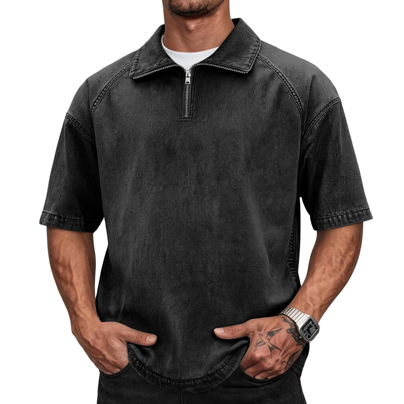 

Men s Casual American Style Washed Cotton Vintage Short Sleeve Slim Fit Polo Shirt with Zipper Collar Retro Trendy Design XL чёрный
