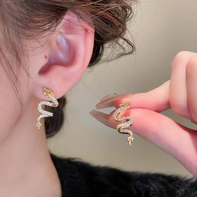 Chinese Style Light Luxury Zircon Zodiac Dragon-shaped Silver Needle Earrings Real Gold Electroplating Temperament Earrings