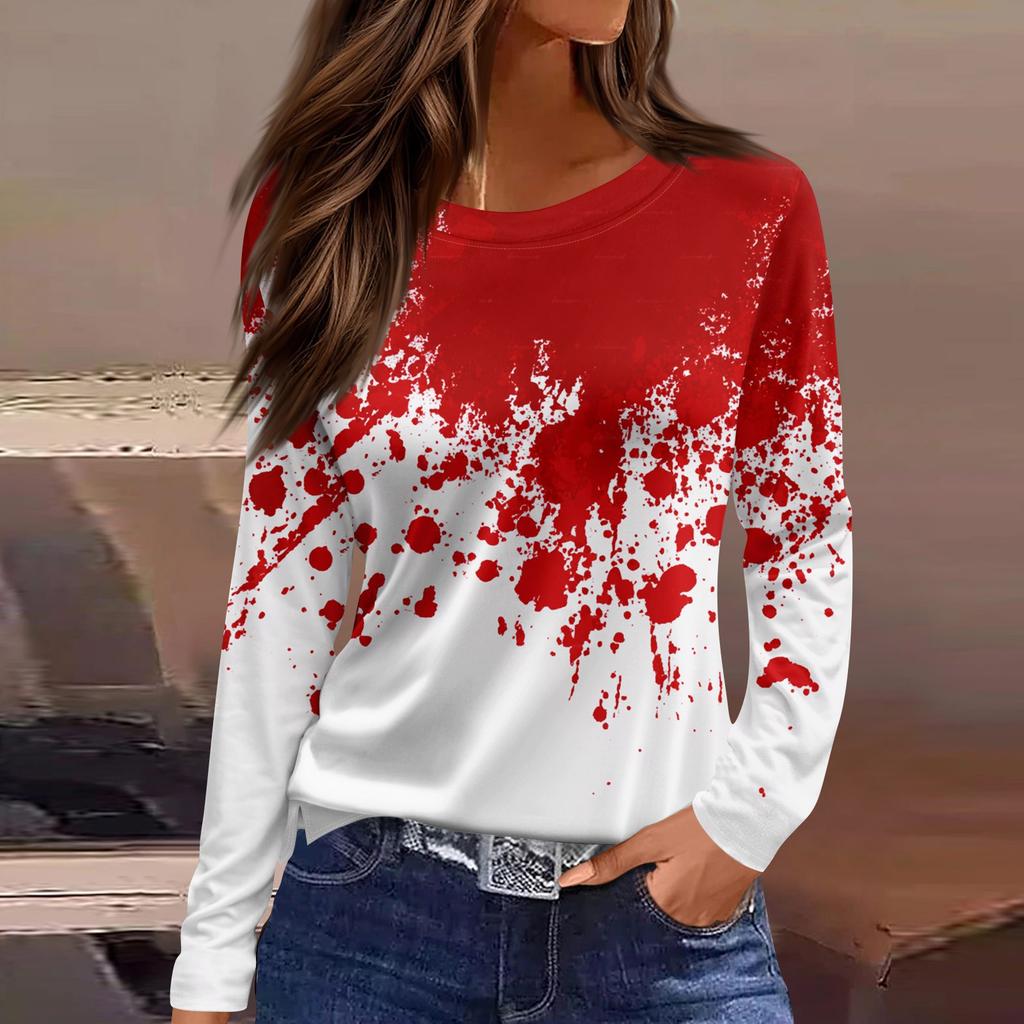 Damenmode Saumschlitz Lässig Halloween-Print Rundhals Langarm Oberteil