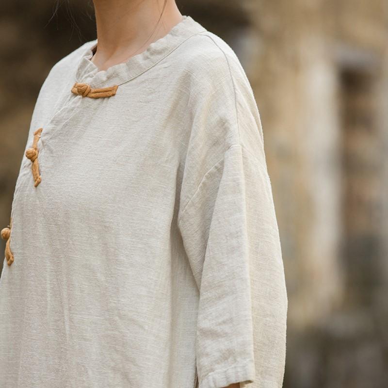 Johnature Women Vintage Dress O-Neck Half Sleeve Solid Color Cloths Summer Loose Button Chinese Style Dres