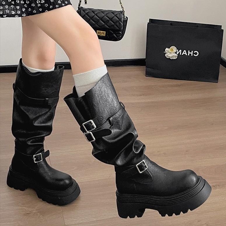 Black Retro Platform Boots Women's Boots 2025 New Autumn Small Slim Versatile Pile Knight Boots