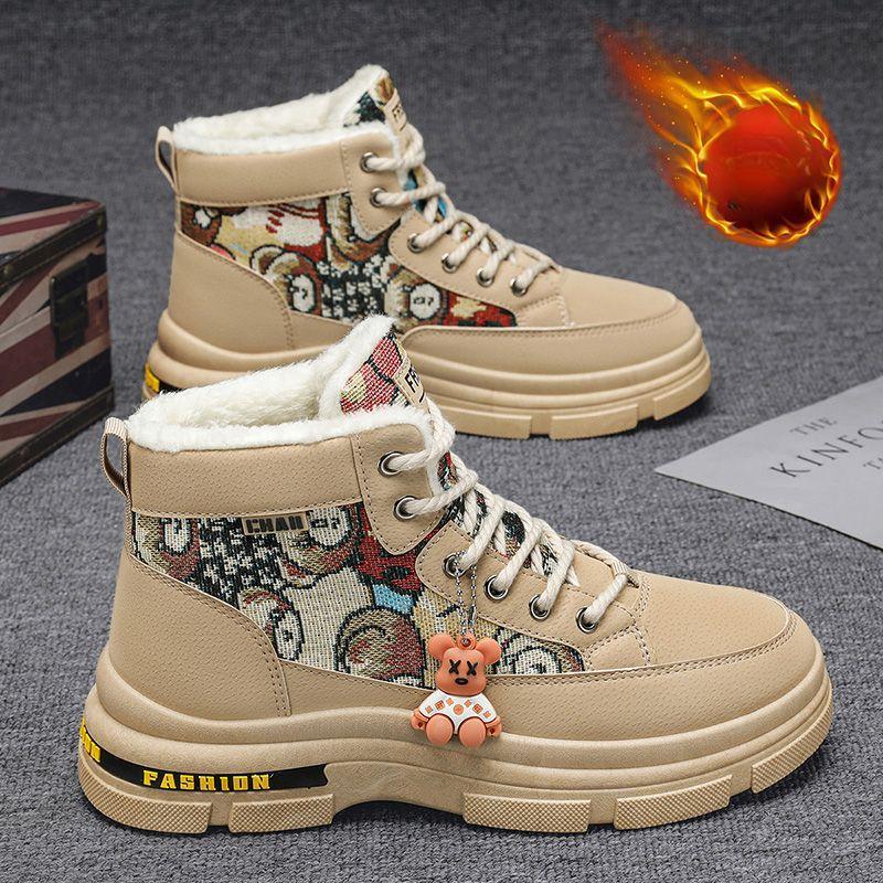 Men'S Winter Plush Warm Snow Boots For Men High Top Thick Bottom Non-Slip Casual Cotton Shoes Chunky Handsome Outdoor Sneakers