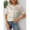 Womens Lace Crochet Short Sleeve Blouse With Round Neck Button Down Casual Hollow Out Top