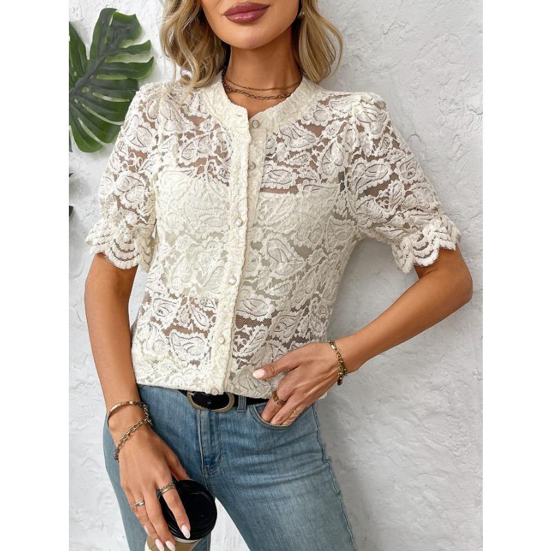 Womens Lace Crochet Short Sleeve Blouse With Round Neck Button Down Casual Hollow Out Top