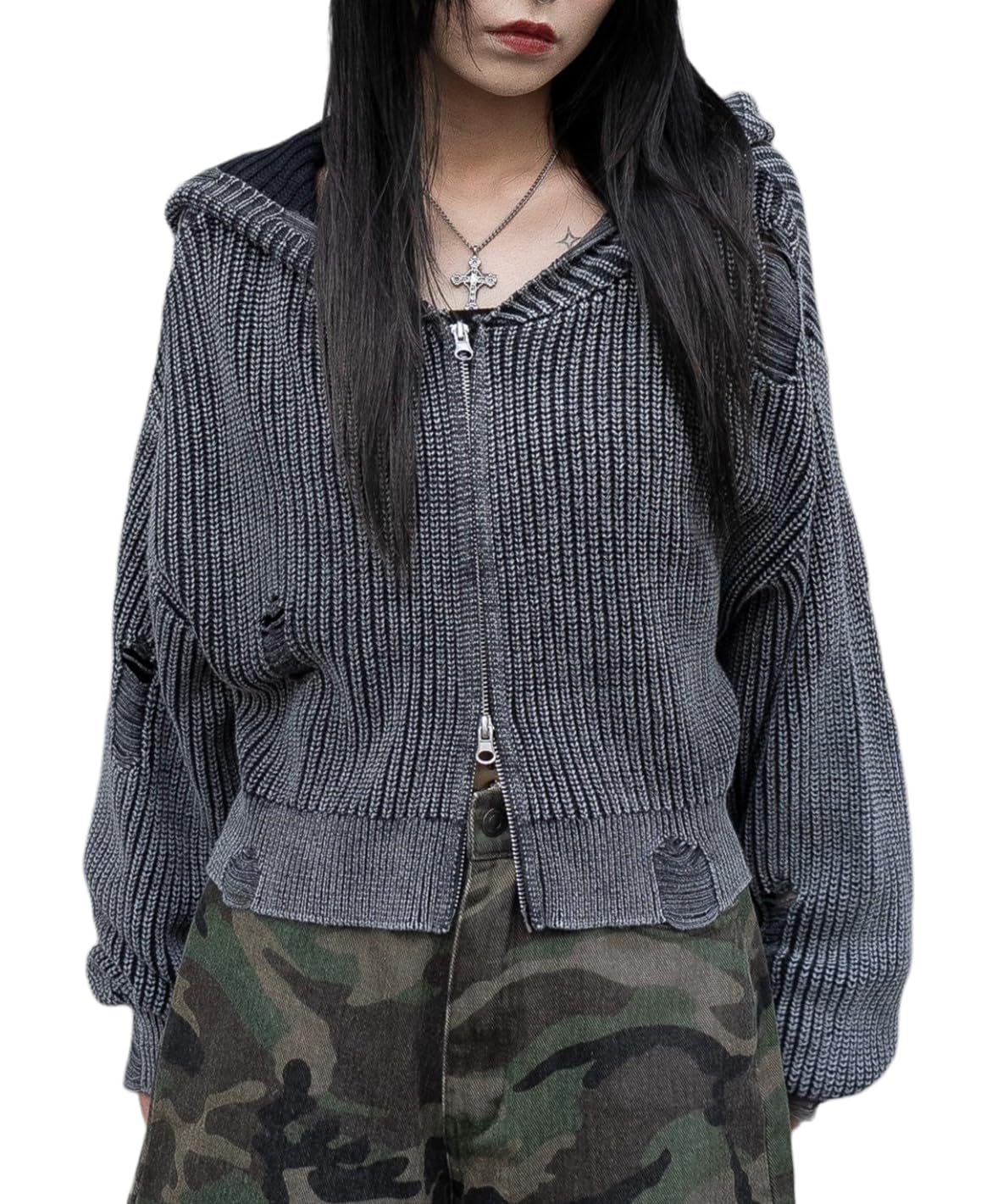 

WEGO Distressed Knit Zip Size Sumikuro Women s Hoodie, Casual, Girly, Fall/Winter Outfit, F,