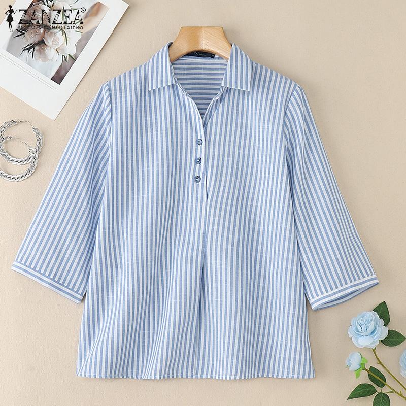 ZANZEA Women Turn Down Collar Loose 3/4 Sleeve Casual Stripe Blouse