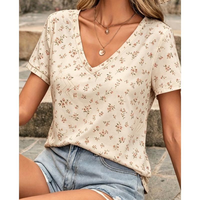 

Women s Stylish V Neck Short Sleeve T Shirt Floral Print Casual Regular Tops S