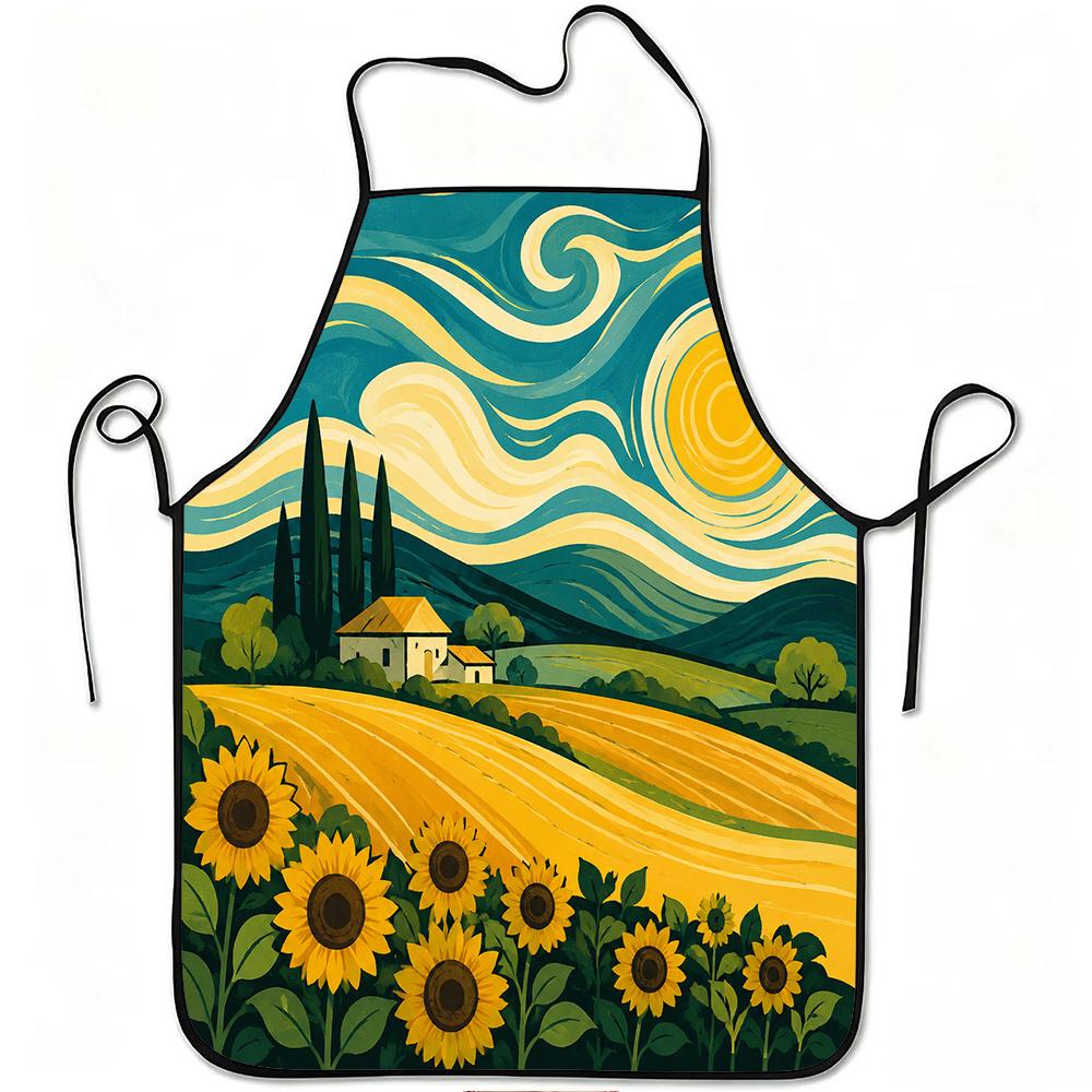 1pc Sunflower Field Landscape Art Print Apron, Durable And Easy To Clean, Adjustable Waistband, Polyester Material, for Kitchen Cooking, Gardening, Or