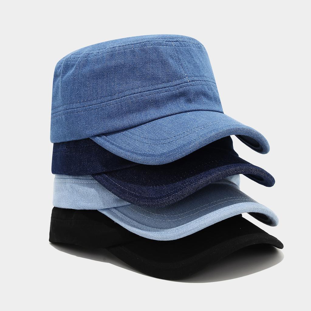 American Retro Solid Color Washed Denim Flat Top Hat Simple Adjustable Short Brim Cap Casual Versatile Sun Hat