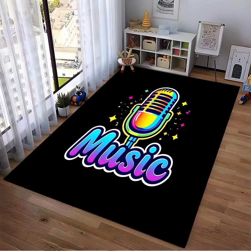 Colorful Microphone Music Design Carpet with Black Background Suitable for use as an anti-slip for living room bedroom sofas