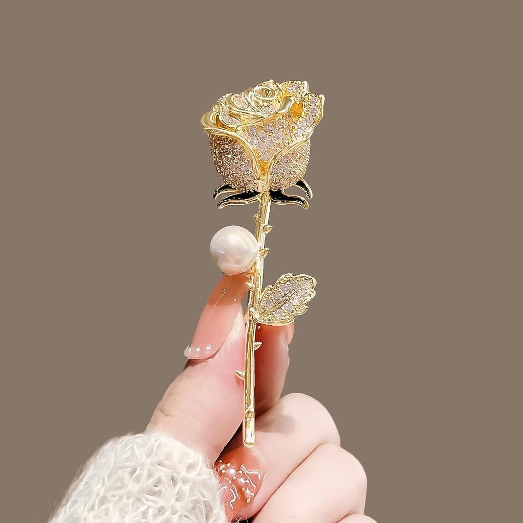 Elegant Pearl Rose Brooch - Large Diamond Accent Pin for Women