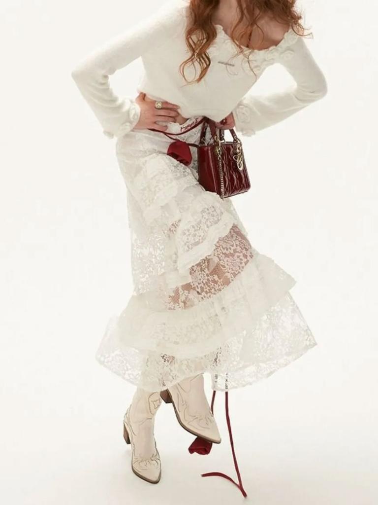 Women's Lace Skirt White Y2k Vintage Elegant Mid-length Skirt Ruffled Elastic Waist Korean Fashion Clothing