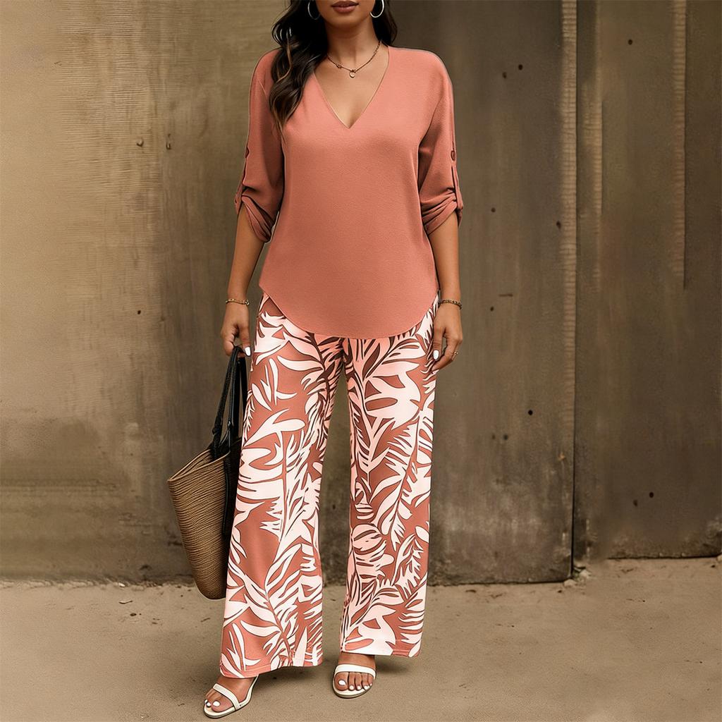 Damen 2-teiliges Mode-Freizeit-Set: Lockerer V-Ausschnitt-Top + Weit geschnittene Hose Loungewear