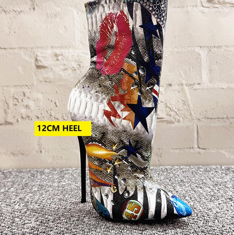 Fashion FHC 14cm High Heels Women Ankle Boots,Graffiti Lips Short Botas,Women Winter Pole Dancing Shoes,Side ZipPointed Toe,Dropship